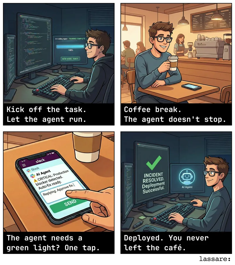 Phone showing Claude Code asking a question via Lassare Slack — control your AI agent remotely from a coffee shop