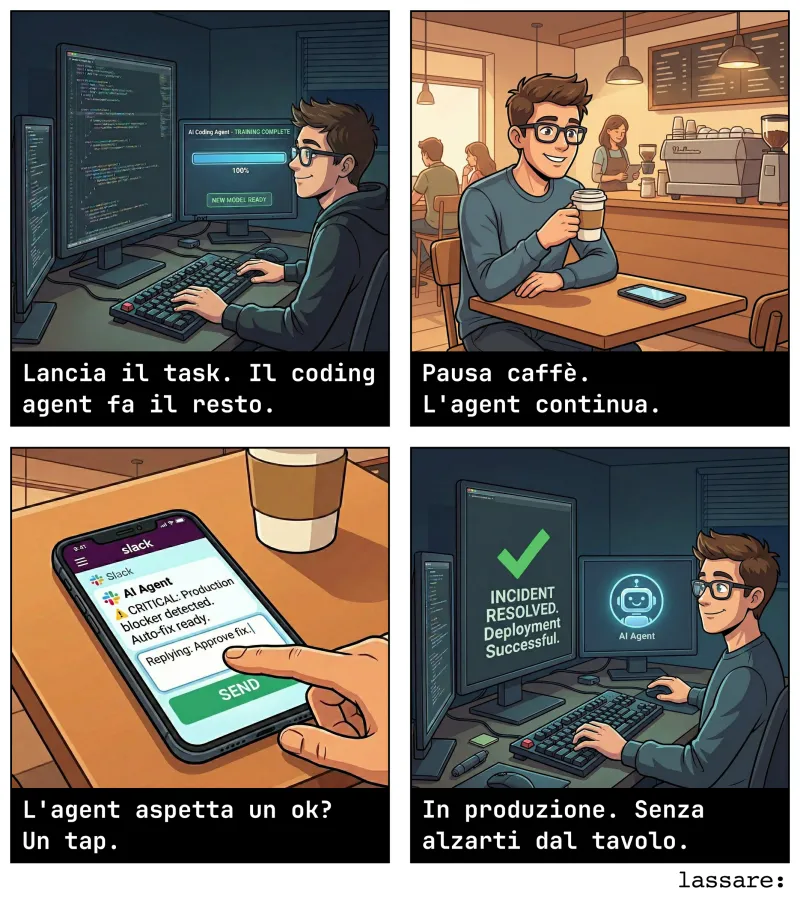 Telefono con domanda di Claude Code via Lassare Slack — controlla il tuo agente AI da remoto al bar